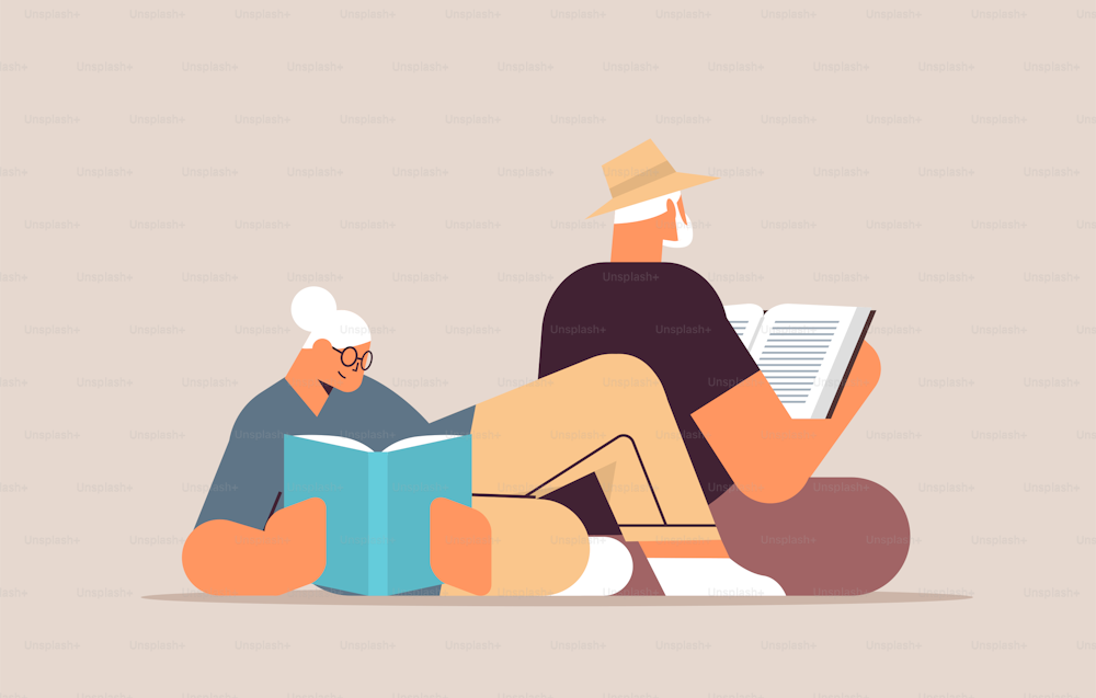 senior couple reading books old man and woman family spending time together relaxation retirement concept full length horizontal vector illustration