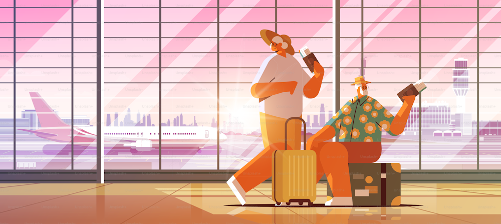 Pareja de ancianos de turistas abuelos con equipaje con pasaportes y boletos listos para embarcar en el aeropuerto vejez activa concepto de vacaciones de verano horizontal ilustración vectorial de longitud completa