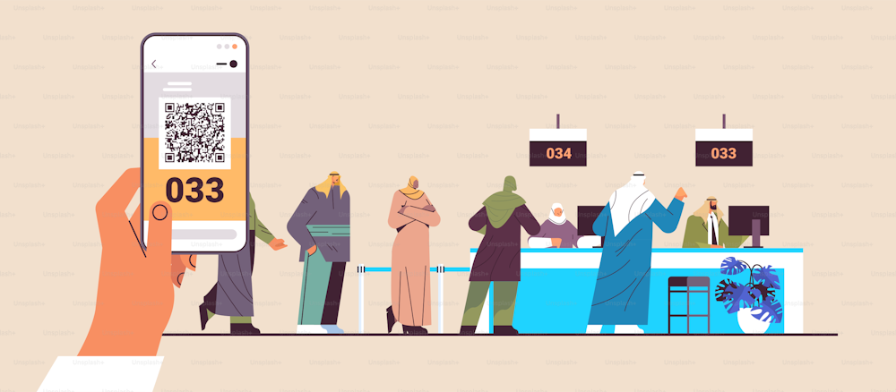 Persone arabe che guardano il tabellone del numero di visualizzazione nella sala d'attesa sistema elettronico di accodamento gestione delle code concetto di servizio clienti orizzontale illustrazione vettoriale