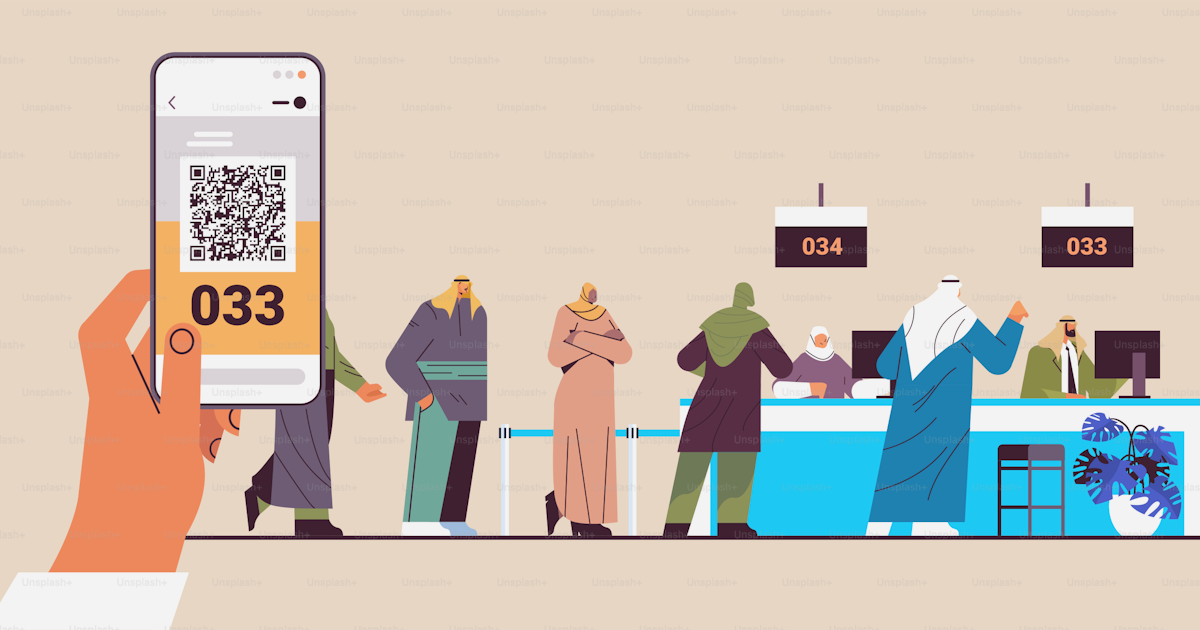 Arab people looking at display number board in waiting room electronic ...