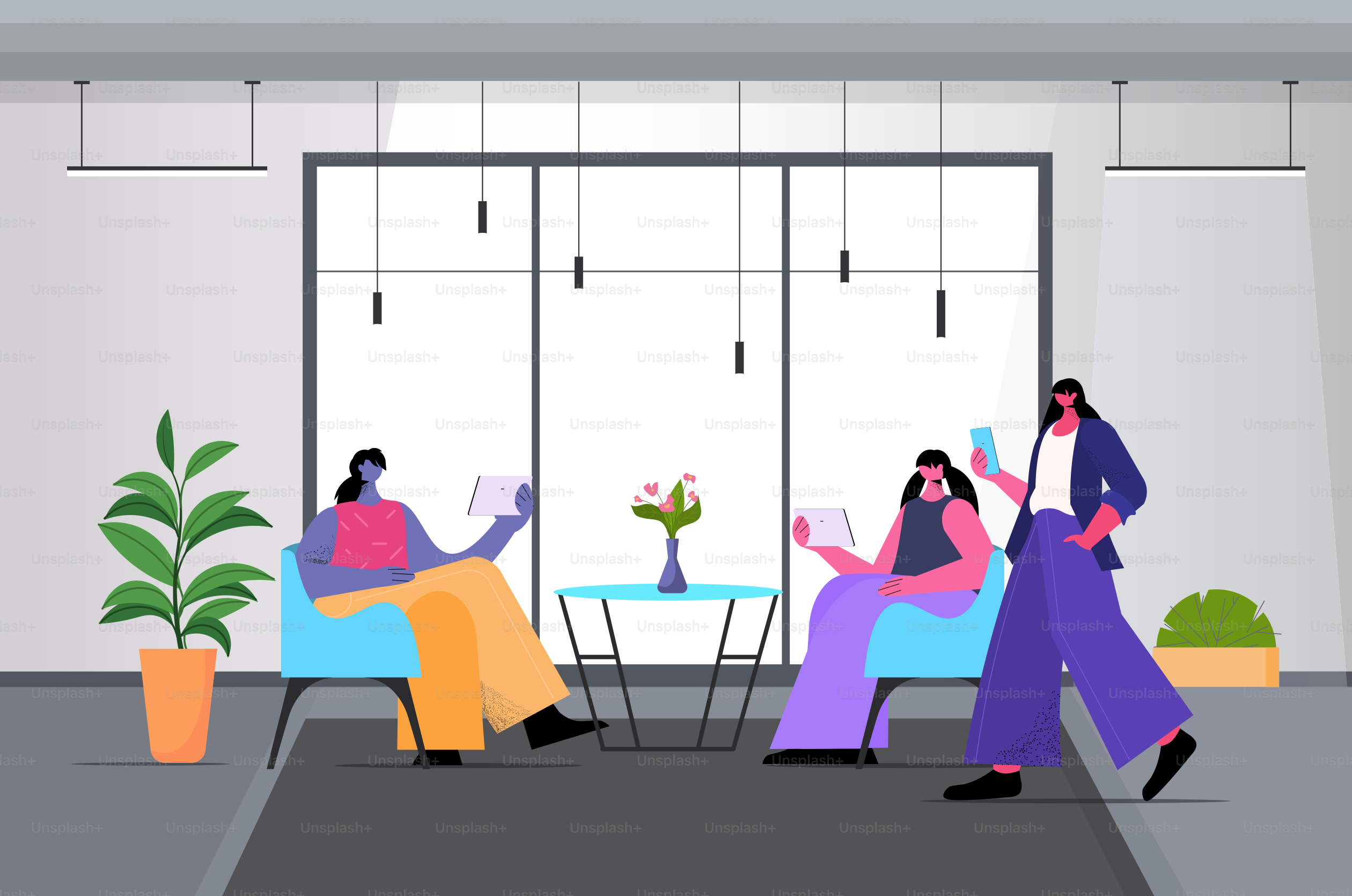 Empresarios que utilizan dispositivos digitales y se comunican en un espacio creativo de coworking, interior de oficinas modernas, ilustración vectorial horizontal de cuerpo entero