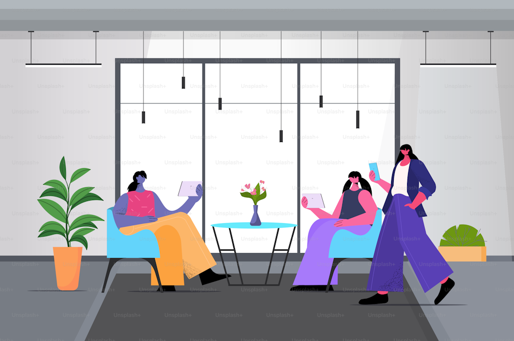 businesspeople using digital gadgets and communicating in creative coworking area modern office interior horizontal full length vector illustration