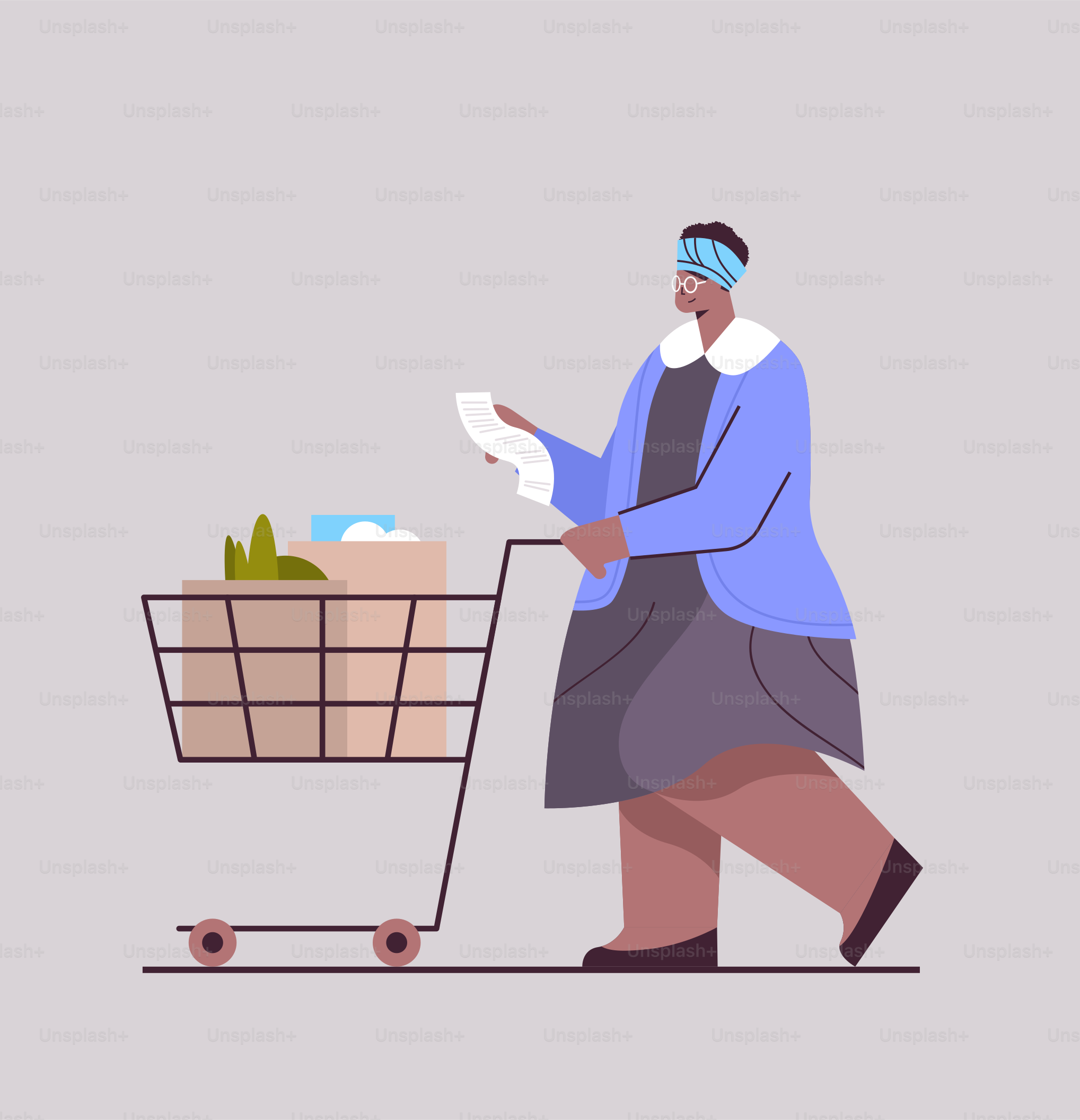 Mujer afroamericana mayor con carrito lleno de productos Carrito revisando la lista de compras en el supermercado Ilustración vectorial de cuerpo entero