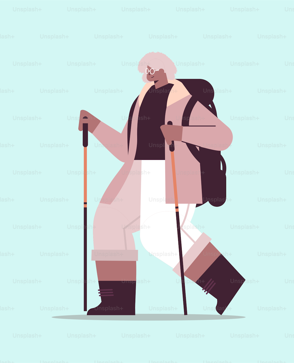 senior african american woman hiker traveling with backpack and sticks for walk nordic walking active old age concept full length vector illustration