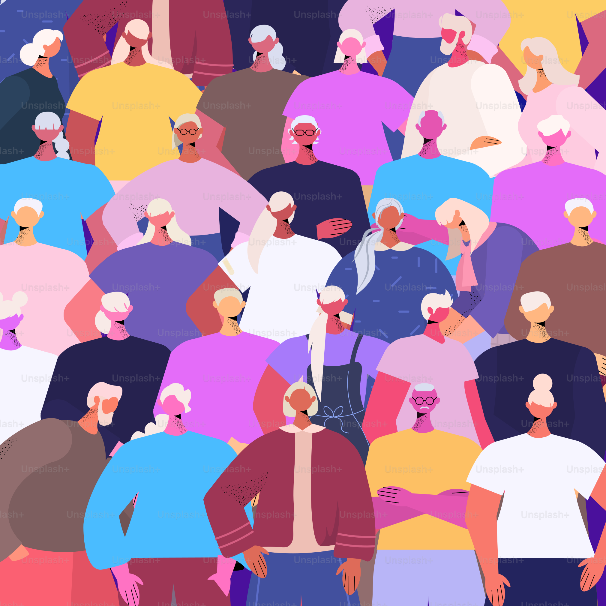 Seniorengruppe, reife Freunde, zusammenstehend, Alterskonzept, Porträt, Vektorillustration,