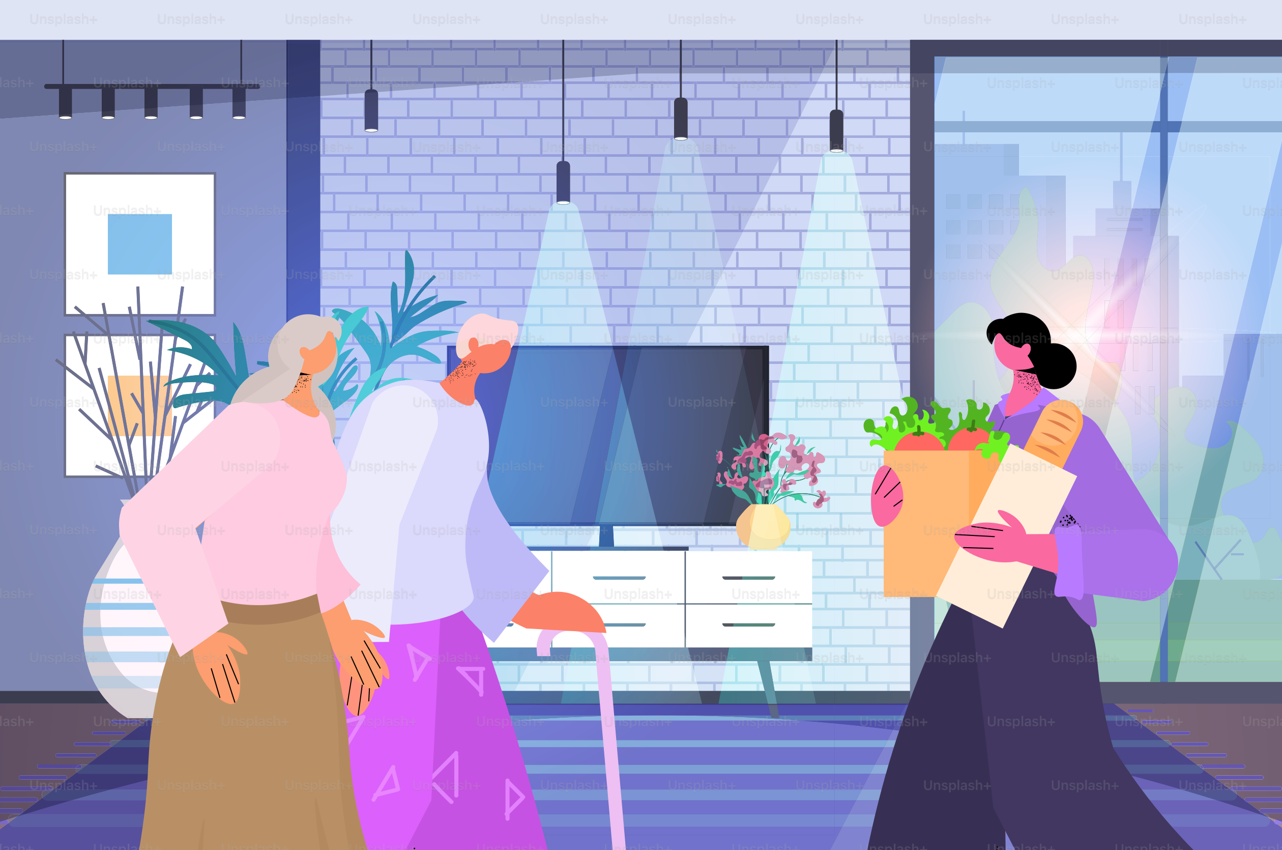 friendly nurse or volunteer bringing food to senior couple home care services healthcare and social support concept living room interior horizontal portrait vector illustration