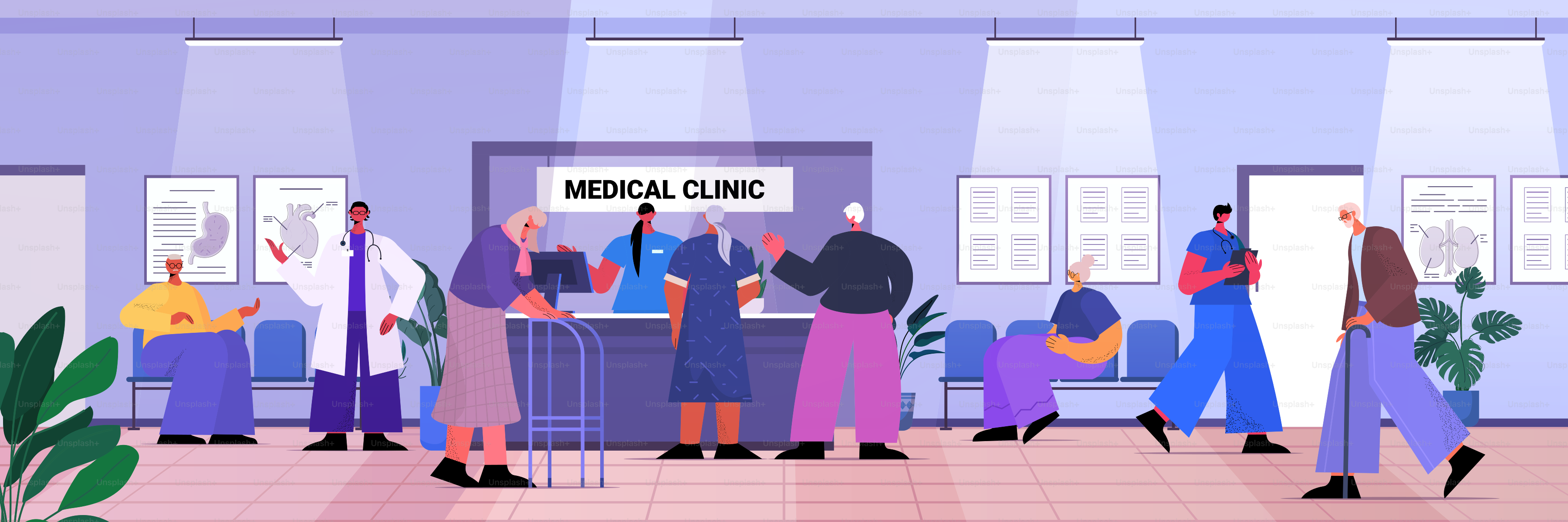 senior patients visiting medical clinic office female receptionist giving information for old people at reception desk medicine healthcare concept horizontal full length vector illustration