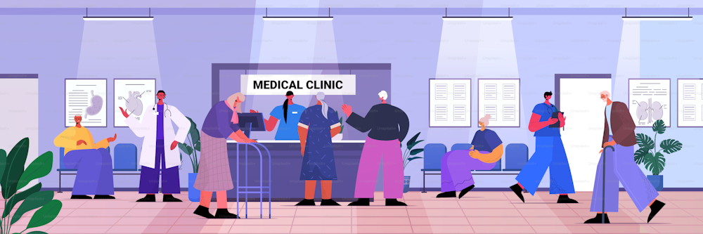 senior patients visiting medical clinic office female receptionist giving information for old people at reception desk medicine healthcare concept horizontal full length vector illustration