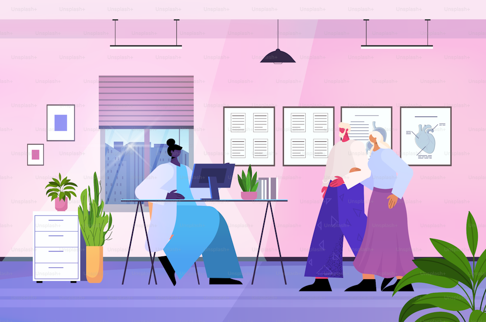 senior patients visiting medical clinic office female consulting old people in hospital medicine healthcare concept horizontal full length vector illustration