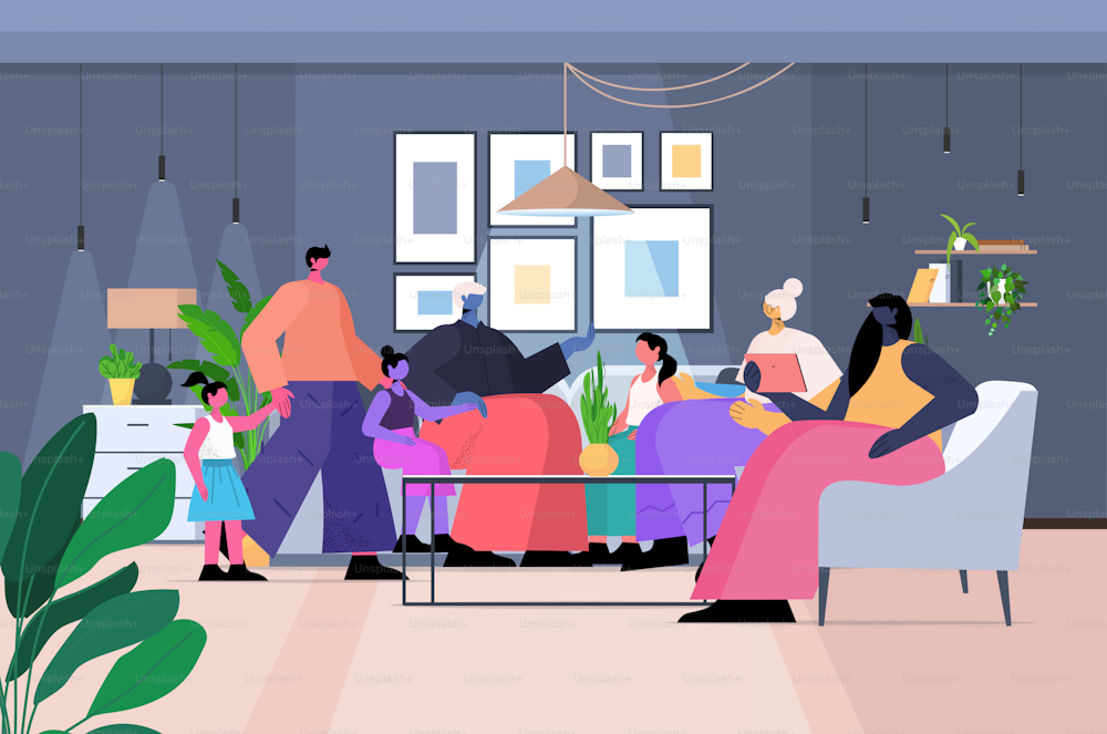 Familia multigeneracional abuelos felices padres e hijos que pasan tiempo juntos interior de la sala de estar de longitud completa ilustración vectorial horizontal