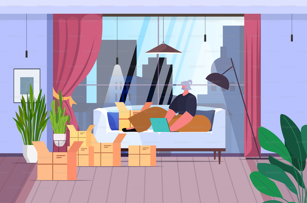 senior woman using laptop and opening cardboard parcel boxes unboxing mail delivery ordering online via internet concept living room interior horizontal full length vector illustration