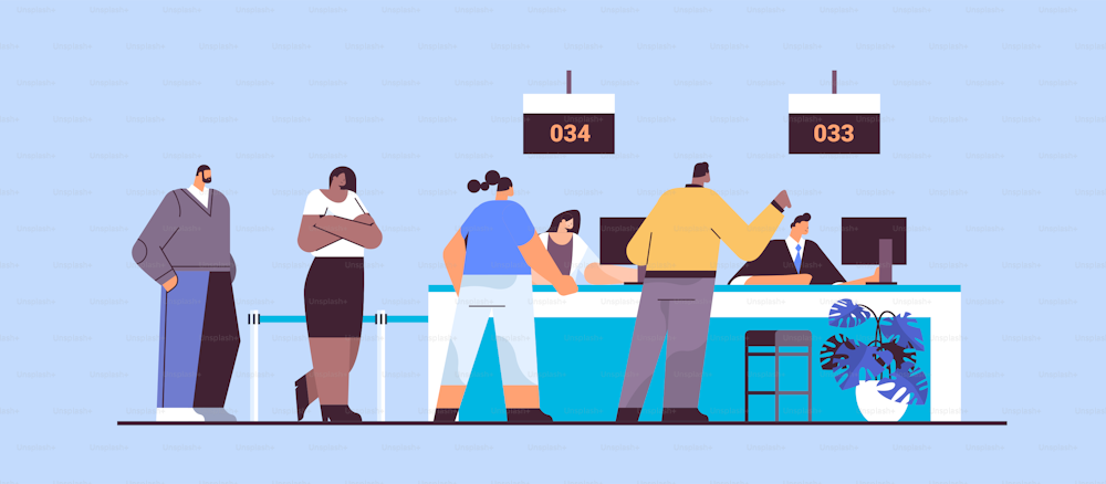 mix race people looking at display number board in waiting room electronic queuing system queue management customer service concept horizontal full length vector illustration