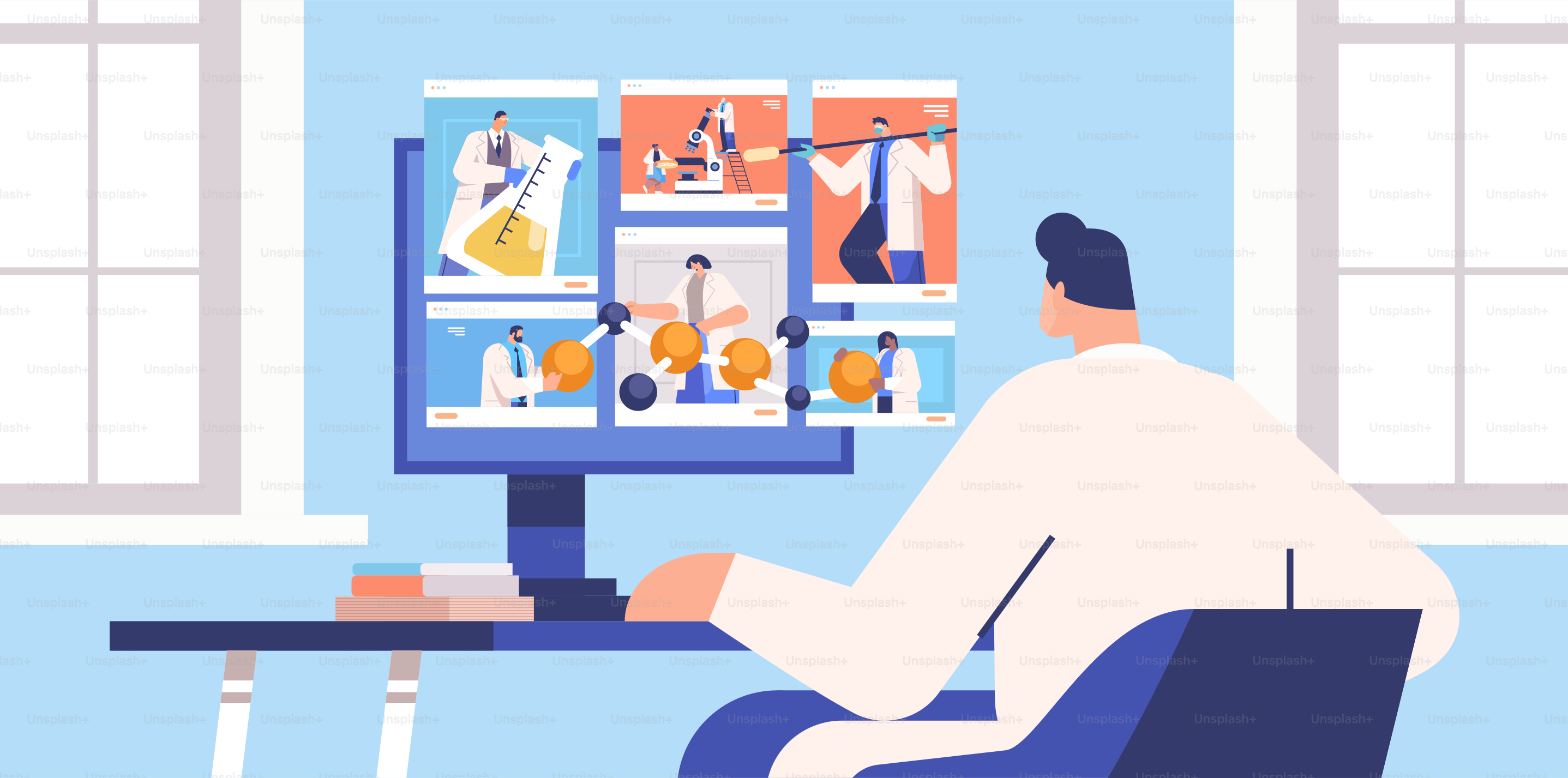 mix race researchers discussing during video call scientists making chemical experiments molecular engineering online communication concept horizontal portrait vector illustration