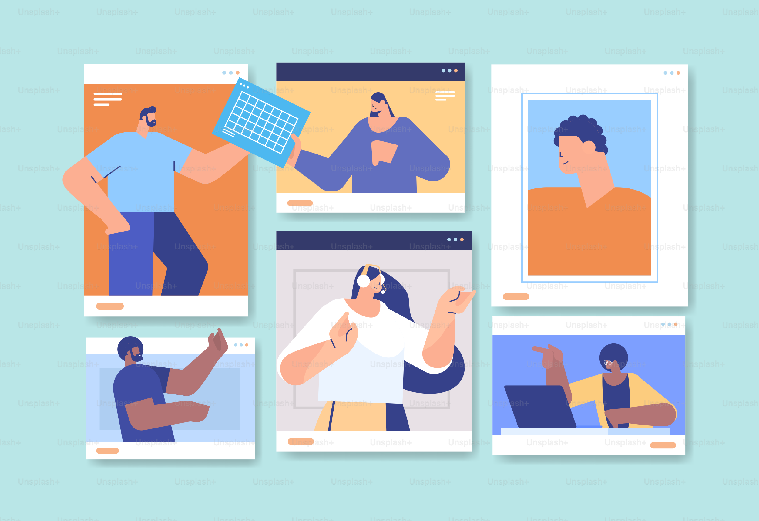 businesspeople in web browser windows discussing during video call business people team using virtual conference online communication teamwork concept horizontal portrait vector illustration