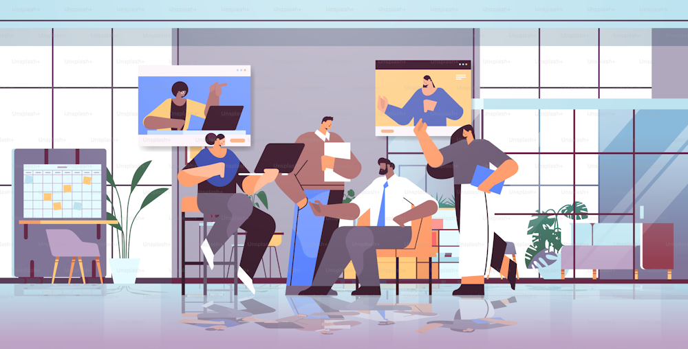 businesspeople team discussing with colleagues in web browser windows during video call virtual conference online communication teamwork concept horizontal vector illustration