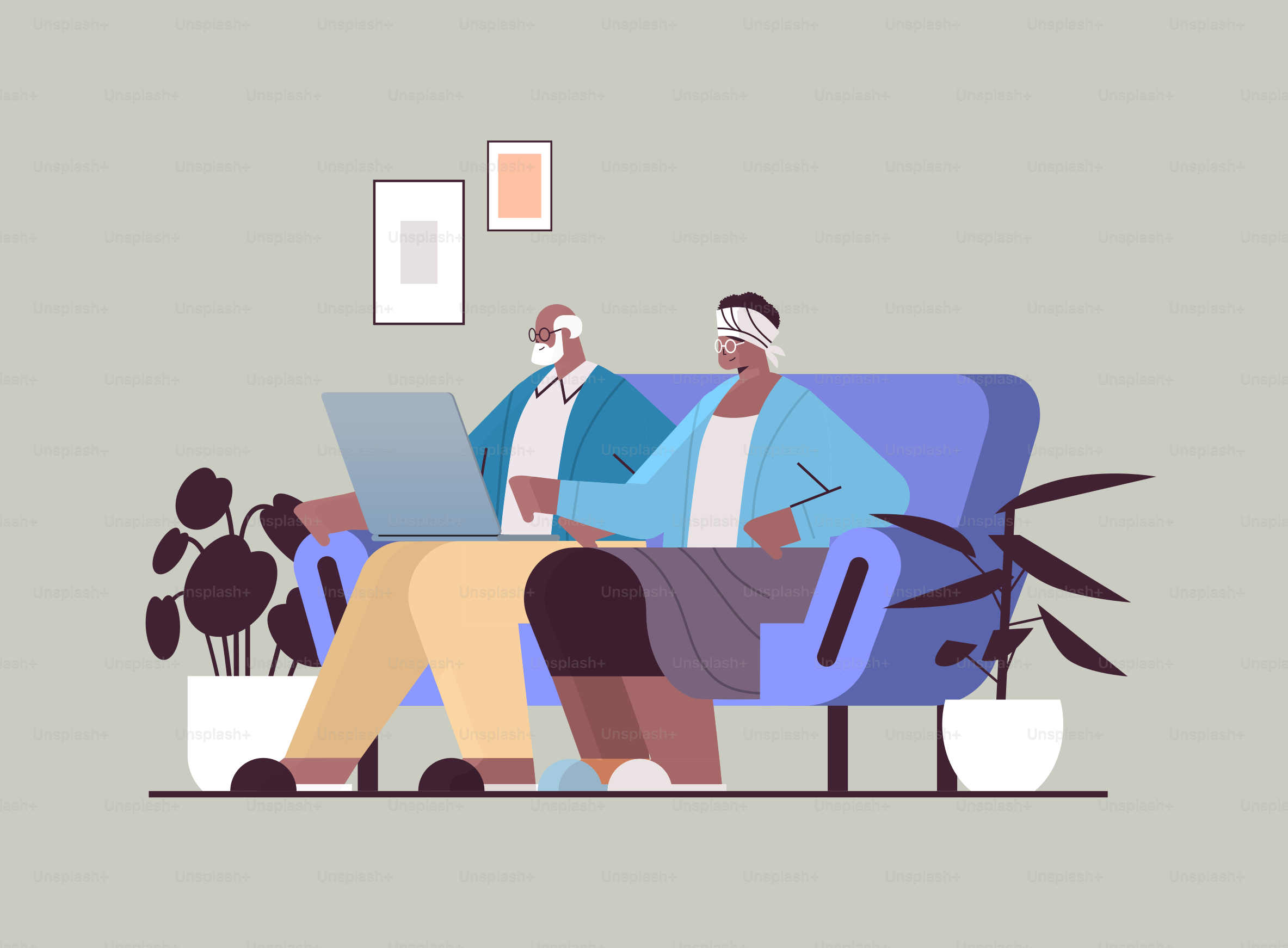 senior couple using laptop grandparents relaxing at home social media network online communication concept horizontal full length vector illustration