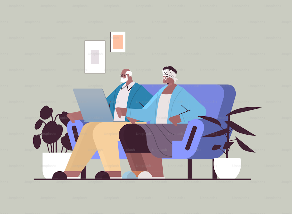 senior couple using laptop grandparents relaxing at home social media network online communication concept horizontal full length vector illustration
