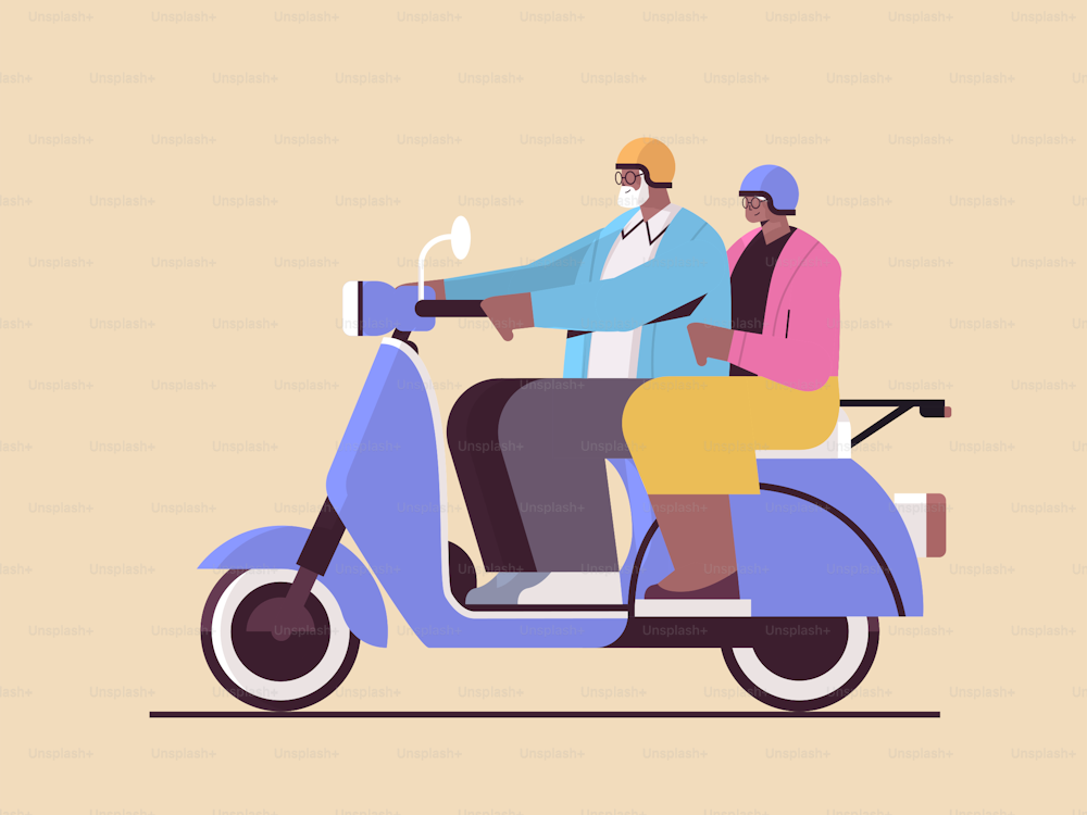 senior african american couple in helmets driving scooter grandparents traveling on moped active old age concept horizontal full length vector illustration