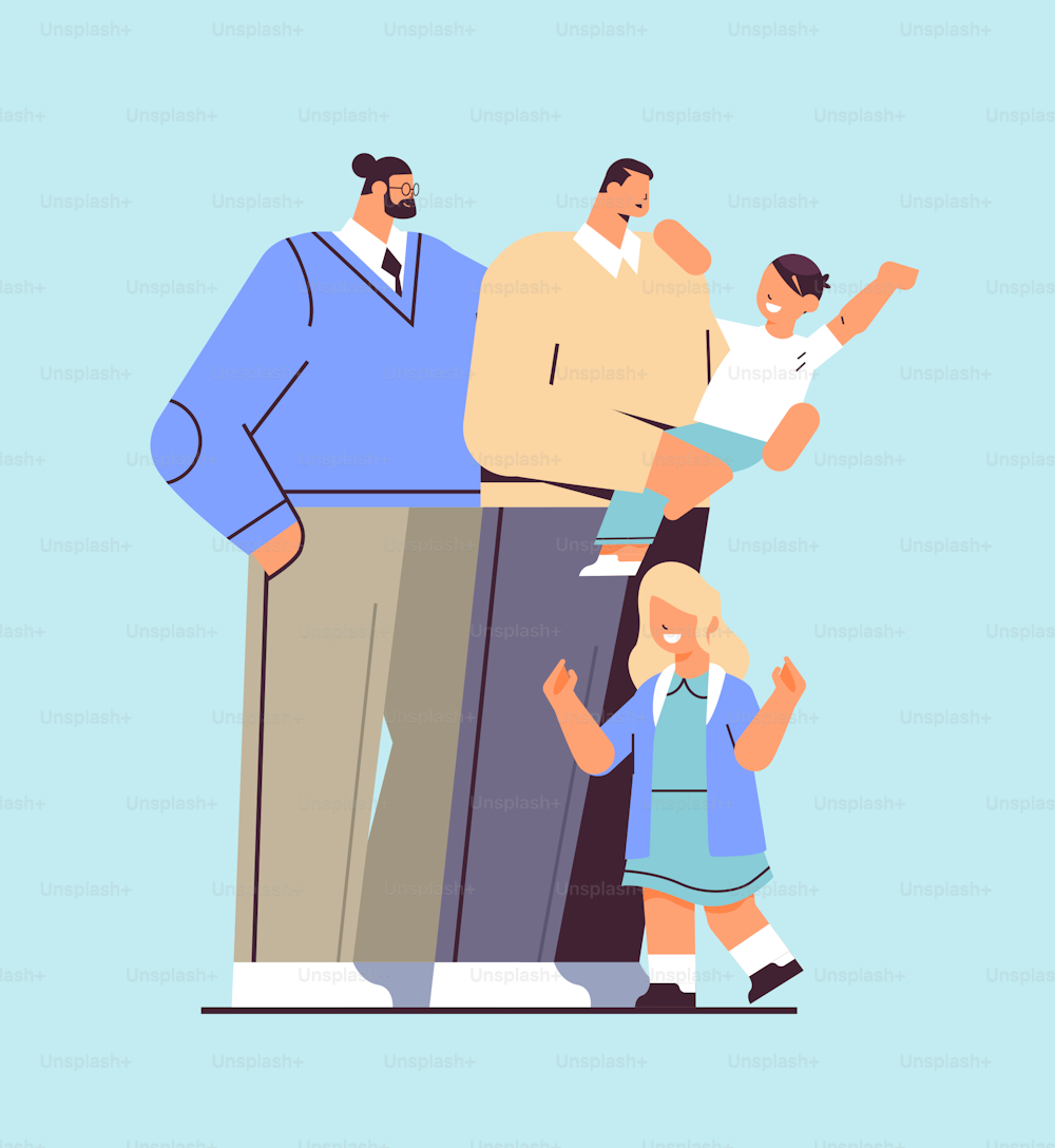 male parents standing with little children gay family transgender love LGBT community concept full length vector illustration