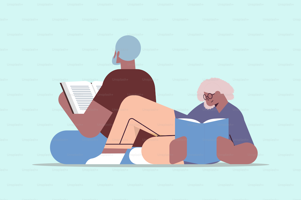 älteres paar liest bücher alt afroamerikaner mann und frau familie verbringen zeit miteinander entspannung ruhestand konzept horizontale vektorillustration in voller länge