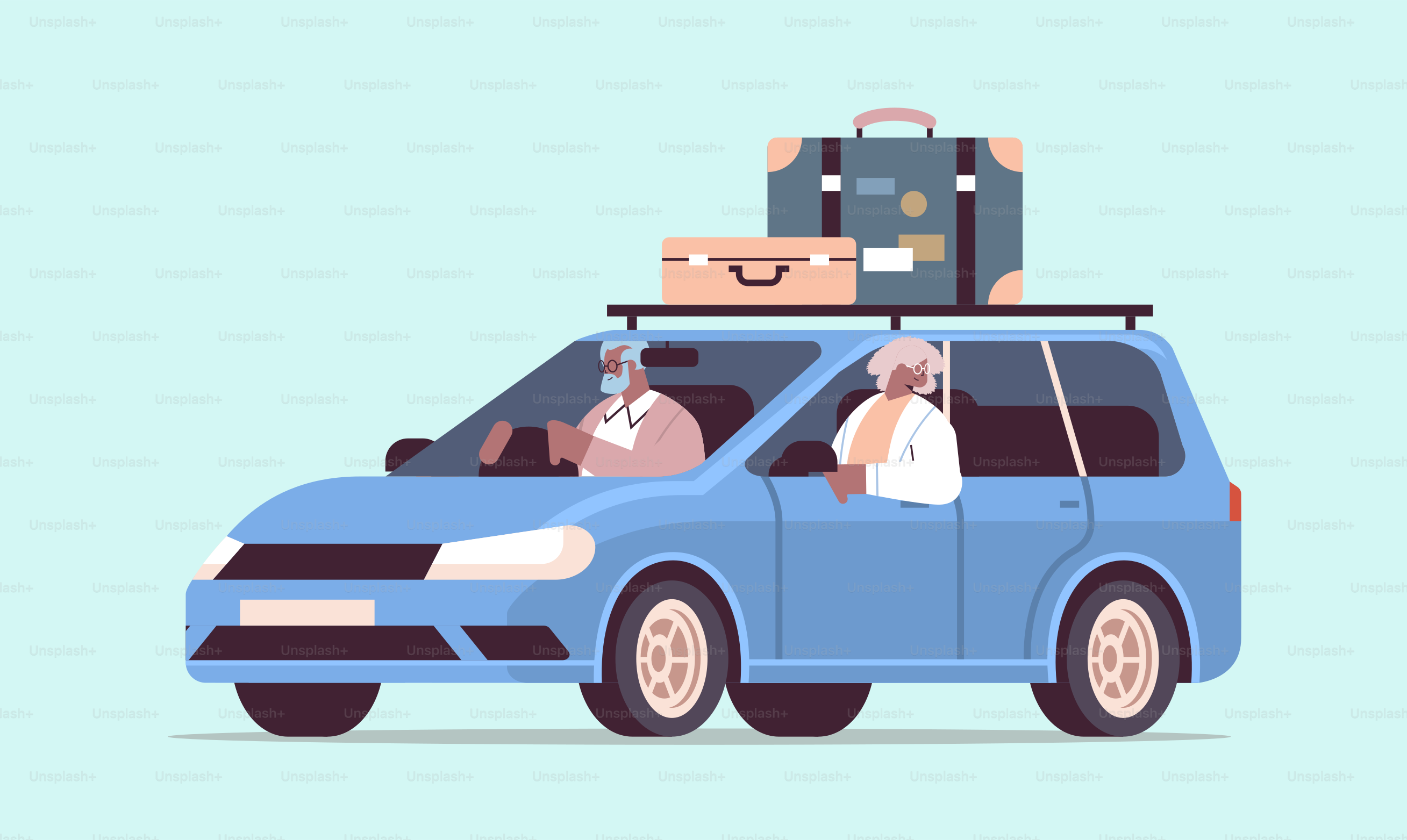 funny old family driving in car on weekly holiday senior african american travelers couple traveling by active old age concept horizontal full length vector illustration