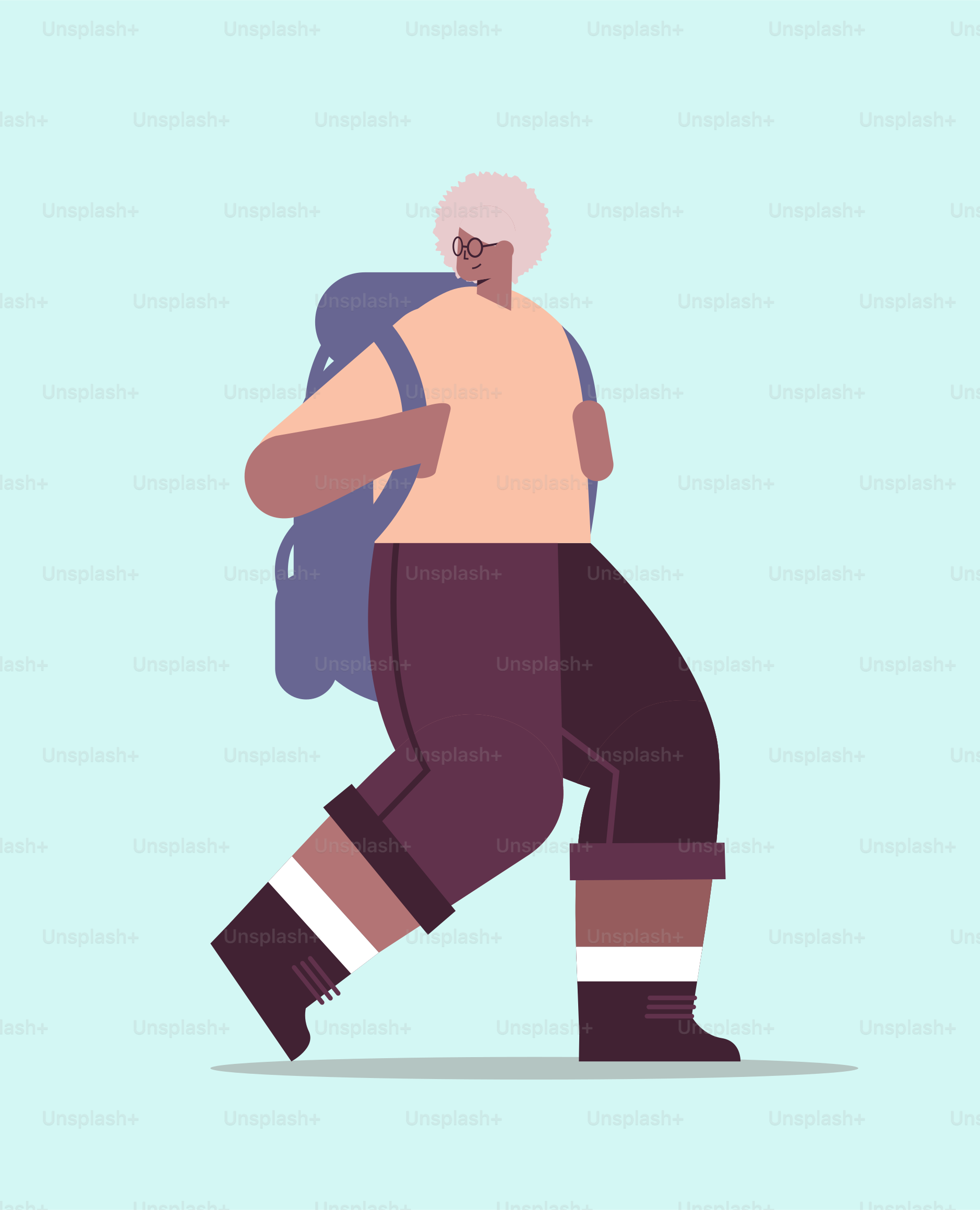 Ältere afroamerikanische Wandererin, die mit Rucksack reist, aktives Alterskonzept – körperliche Aktivitäten in voller Länge – Vektorillustration