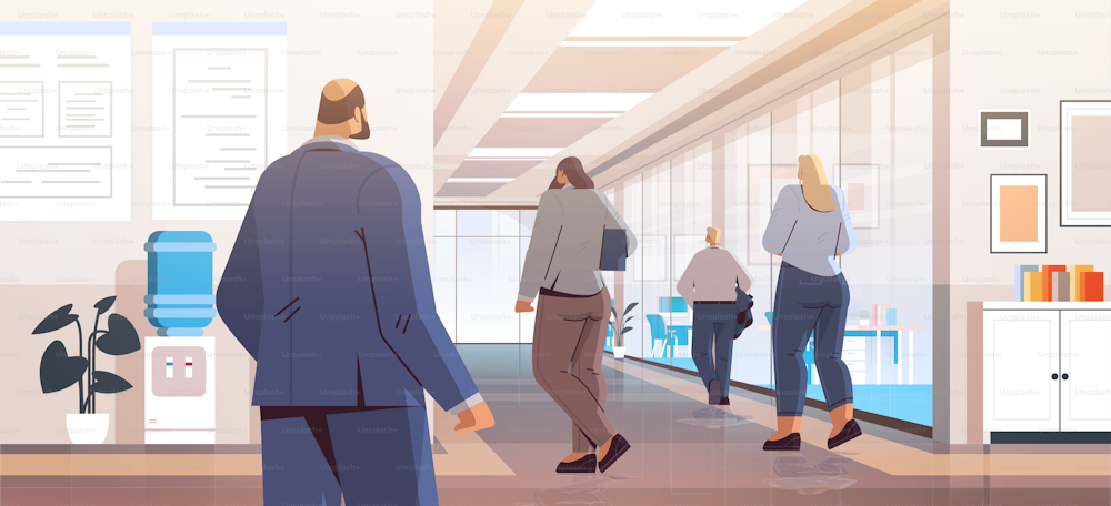 businesspeople standing back to camera rear view of business people group in office corridor cartoon characters full length horizontal vector illustration