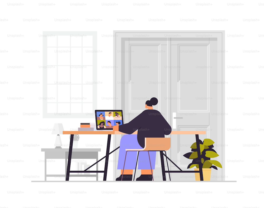 businesswoman discussing with mix race colleagues on laptop screen during video call virtual conference online communication concept office interior horizontal vector illustration