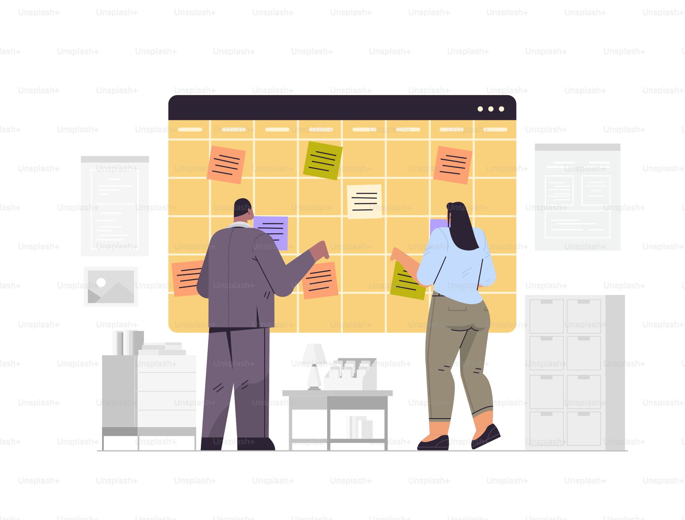 mix race businesspeople planning day scheduling appointment agenda meeting plan time management concept horizontal full length vector illustration