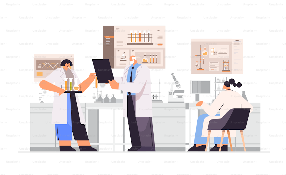 mix race research scientist team working with test tubes researchers making chemical experiments in laboratory horizontal full length vector illustration