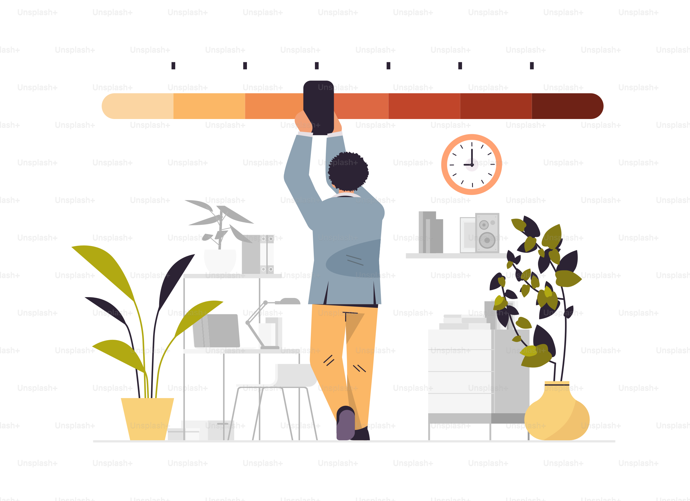 businessman reducing stress level business man struggling with arrow of crisis measure office interior horizontal full length vector illustration