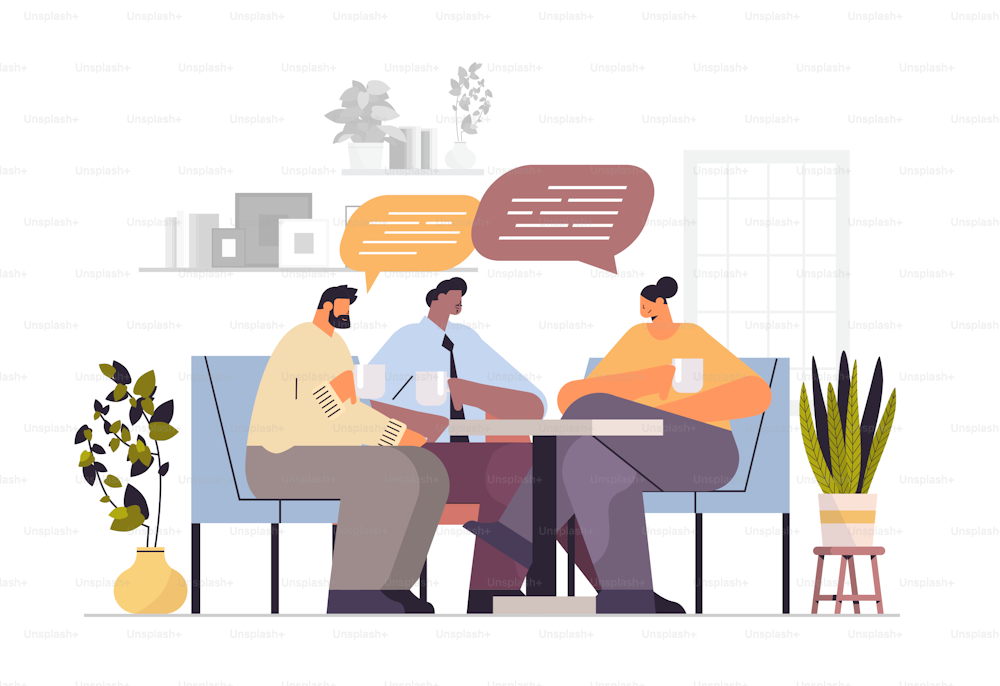 mix race businesspeople drinking coffee and discussing during meeting chat bubble communication brainstorming coffee break concept cafe interior horizontal full length vector illustration