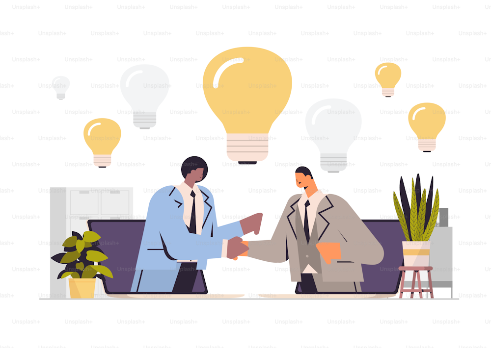 mix race businesspeople brainstorming and shaking hands during meeting teamwork agreement creative idea successful project concept horizontal portrait vector illustration