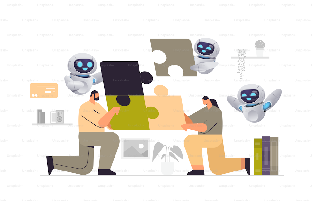 Empresarios con robots ayudantes juntando partes del rompecabezas solución de problemas trabajo en equipo inteligencia artificial tecnología concepto horizontal de longitud completa ilustración vectorial