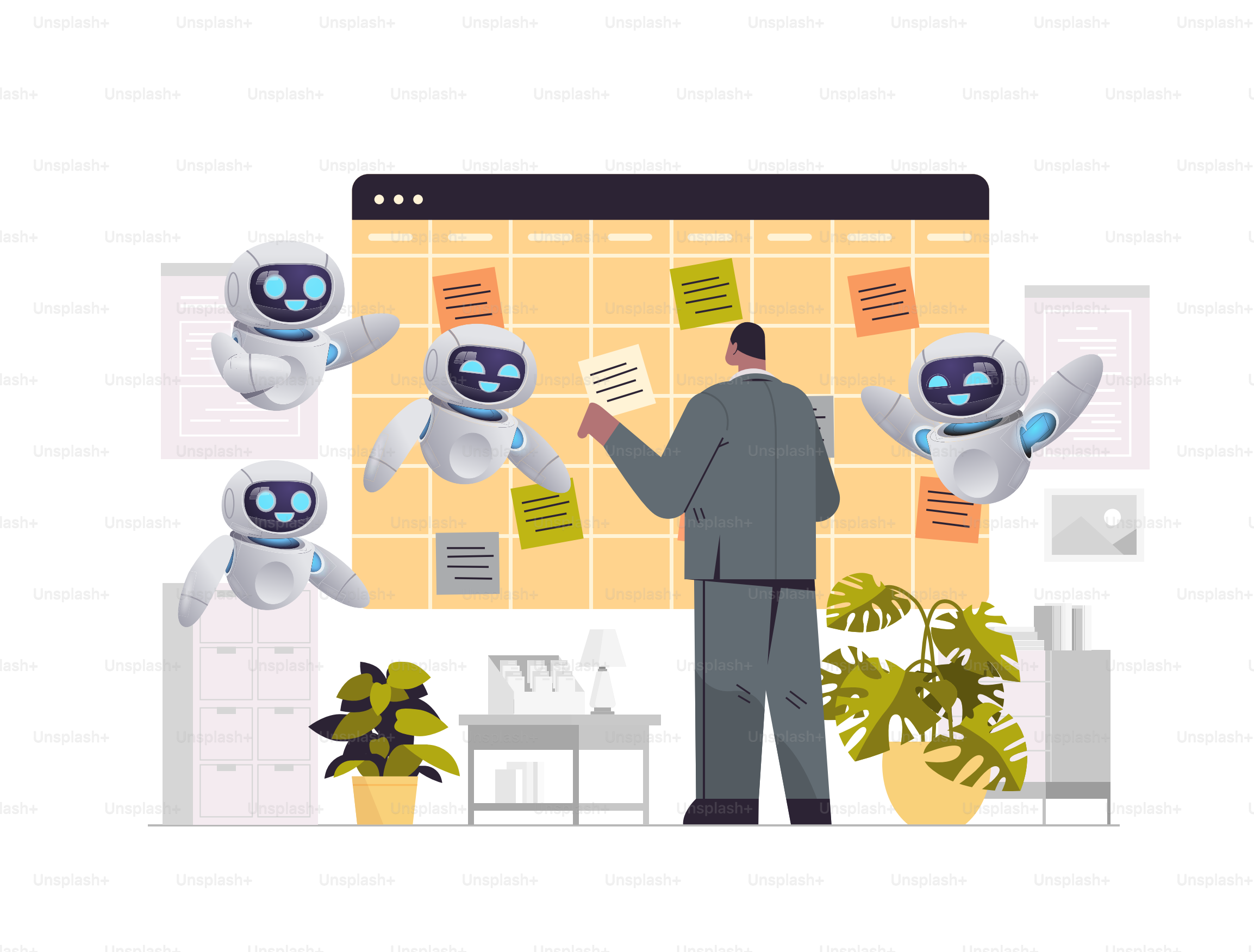 Empresario con robots, asistentes, planificación, agenda, cita, reunión, planificación, gestión del tiempo, concepto de inteligencia artificial, ilustración vectorial horizontal de cuerpo entero