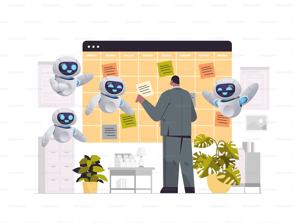 Hombre de negocios con robots asistentes planificación día programación agenda agenda plan gestión del tiempo inteligencia artificial concepto horizontal longitud completa ilustración vectorial