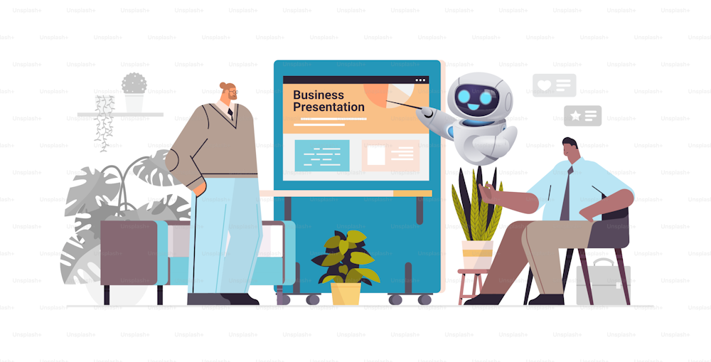 businesspeople and robot helper making presentation in coworking center artificial intelligence technology concept office interior horizontal full length vector illustration