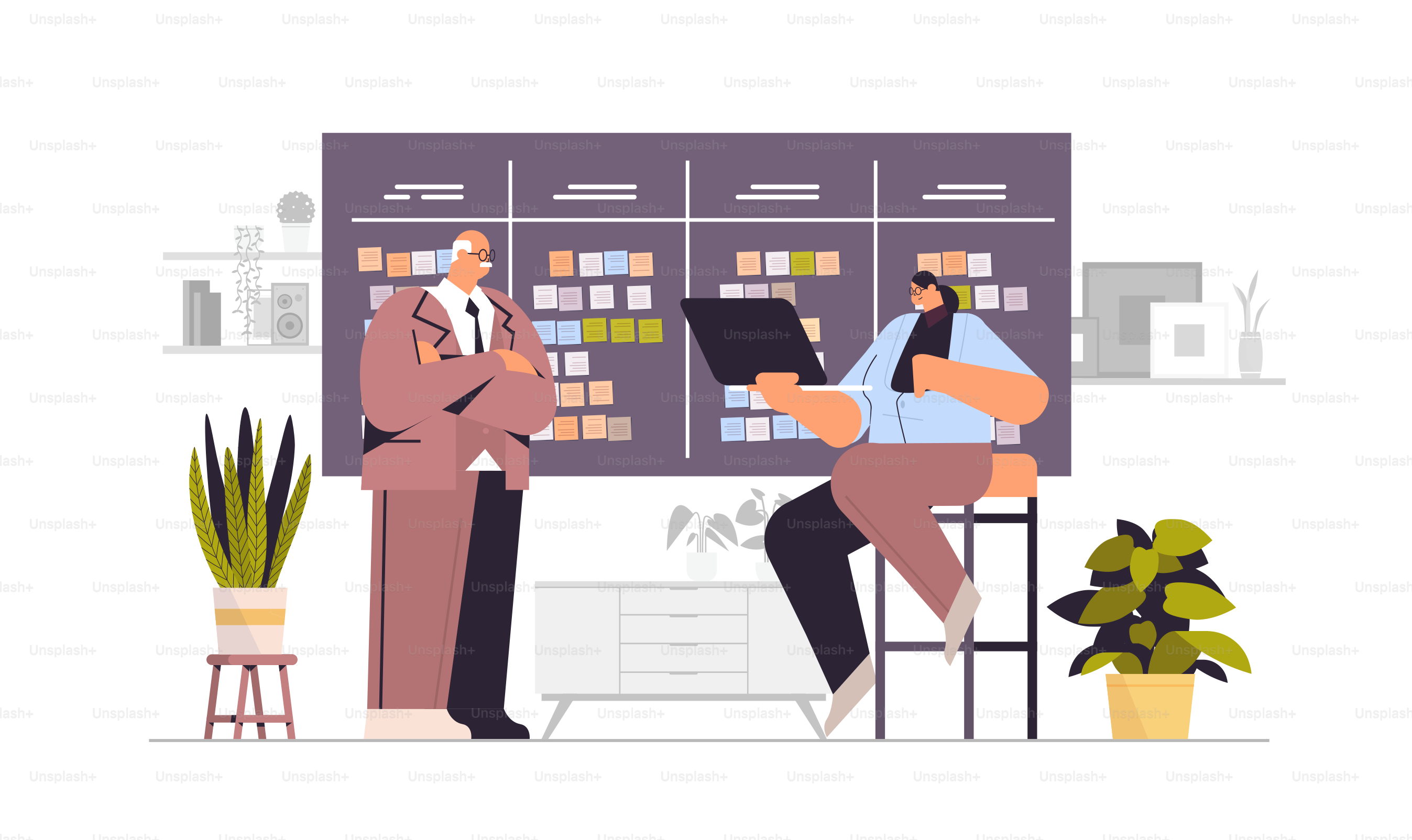 businesspeople planning day scheduling appointment in agenda meeting plan time management concept horizontal full length vector illustration