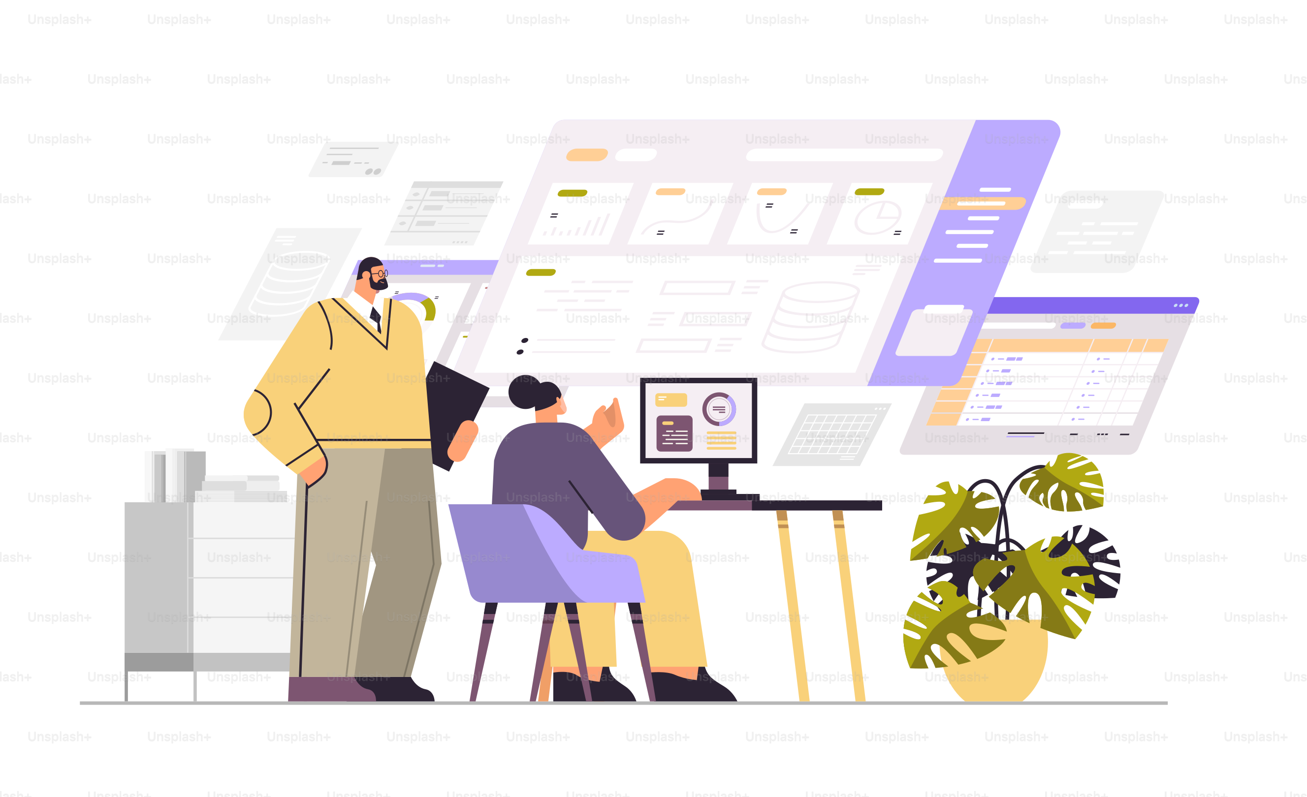 businesspeople couple analyzing financial data on virtual charts and graphs planning report market analysis accounting concept horizontal full length vector illustration