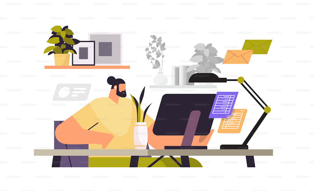 businessman freelancer sitting at workplace business man looking in computer monitor working process concept horizontal portrait vector illustration