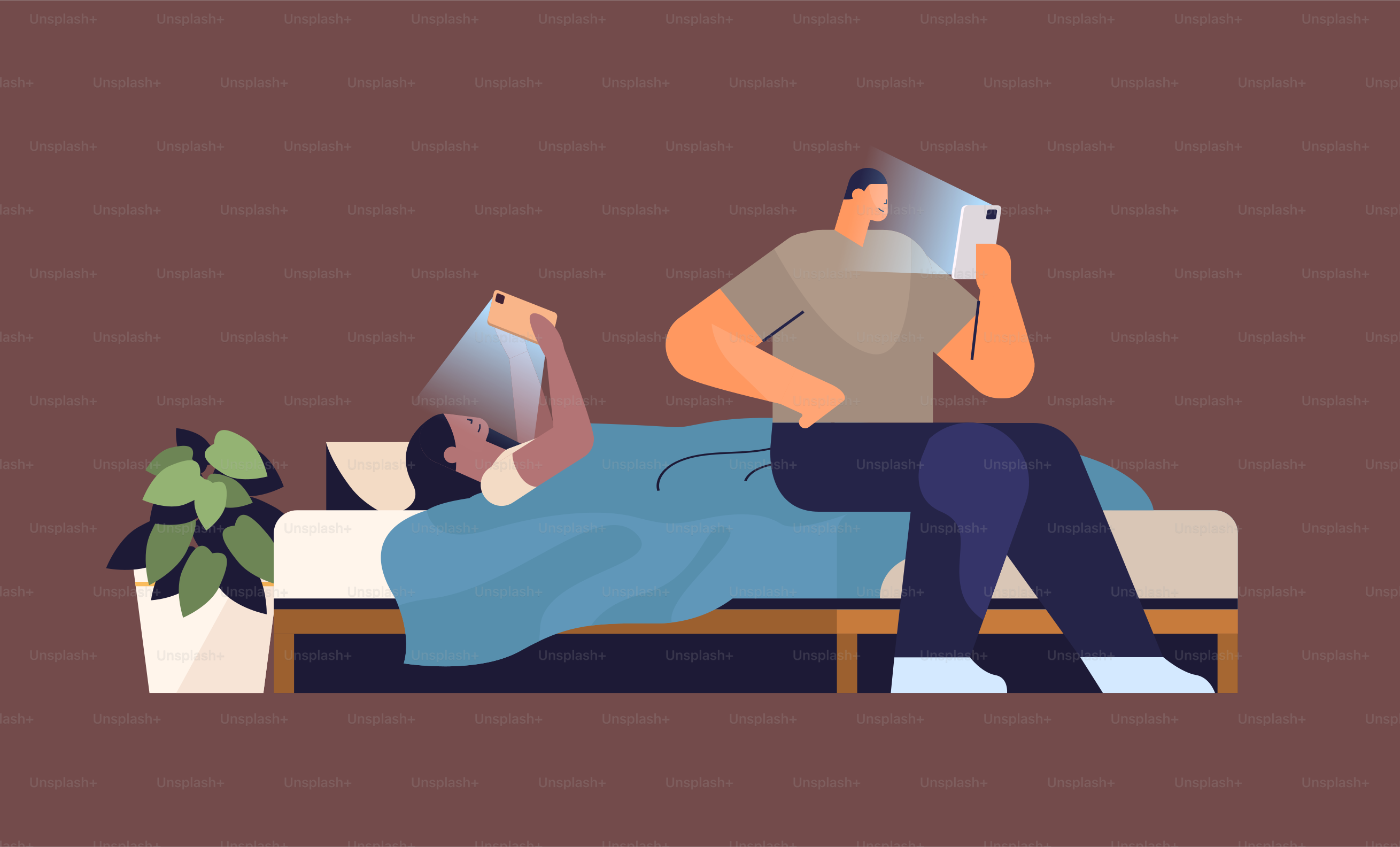 addicted people using digital gadgets man woman active in social networks digital addiction concept living room interior full length horizontal vector illustration