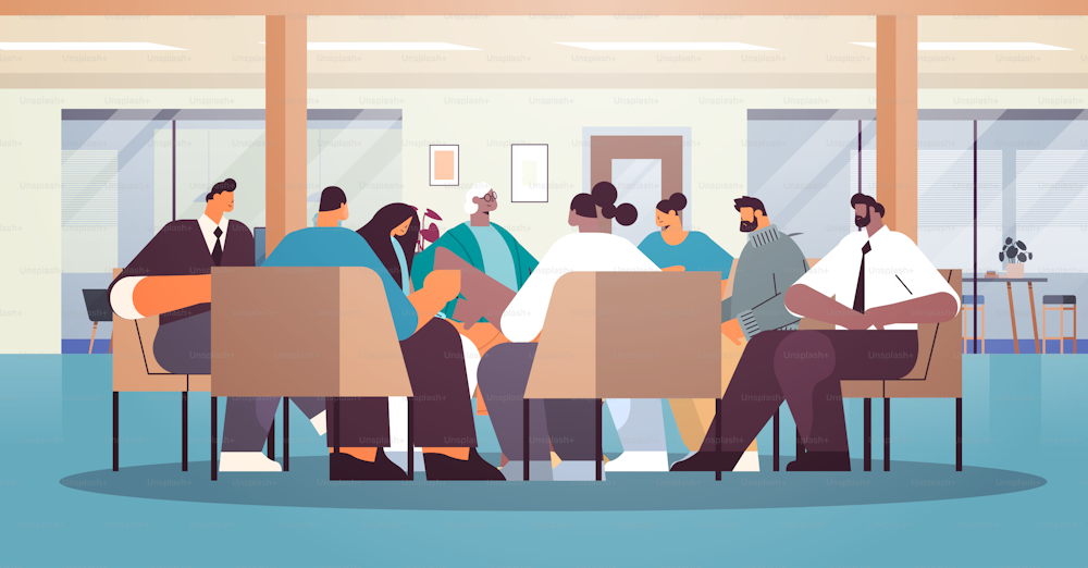 mix race people communicating while sitting in circle therapy group meeting addiction treatment concept office interior horizontal full length vector illustration