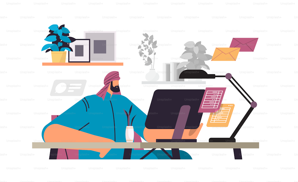 arab businessman freelancer sitting at workplace arabic business man looking in computer monitor working process concept horizontal portrait vector illustration