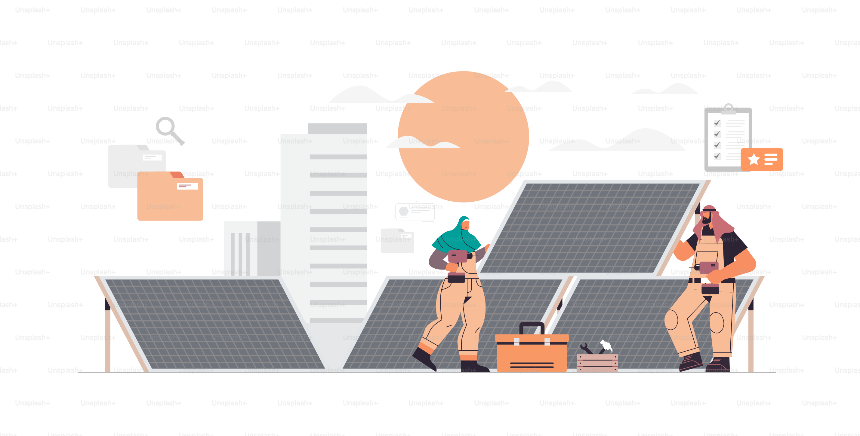 arabic technician workers near solar panels station engineers checking alternative energy and using sunlight for producing electric horizontal full length vector illustration