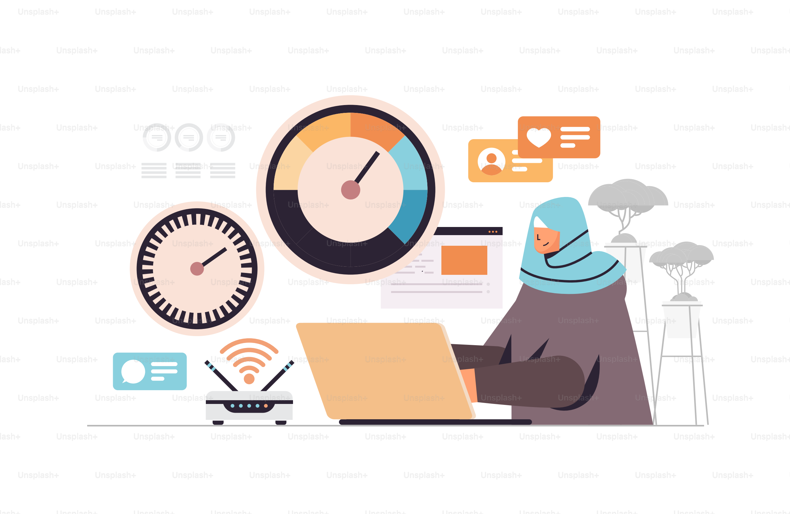 Empresaria árabe trabajando en un portátil con escala de estrés, sobrecarga emocional, nivel de estrés aumentado de productividad, concepto, ilustración vectorial de retratos horizontales