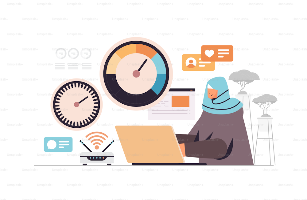arab businesswoman working on laptop with stress scale emotional overload stress level increased productivity concept horizontal portrait vector illustration