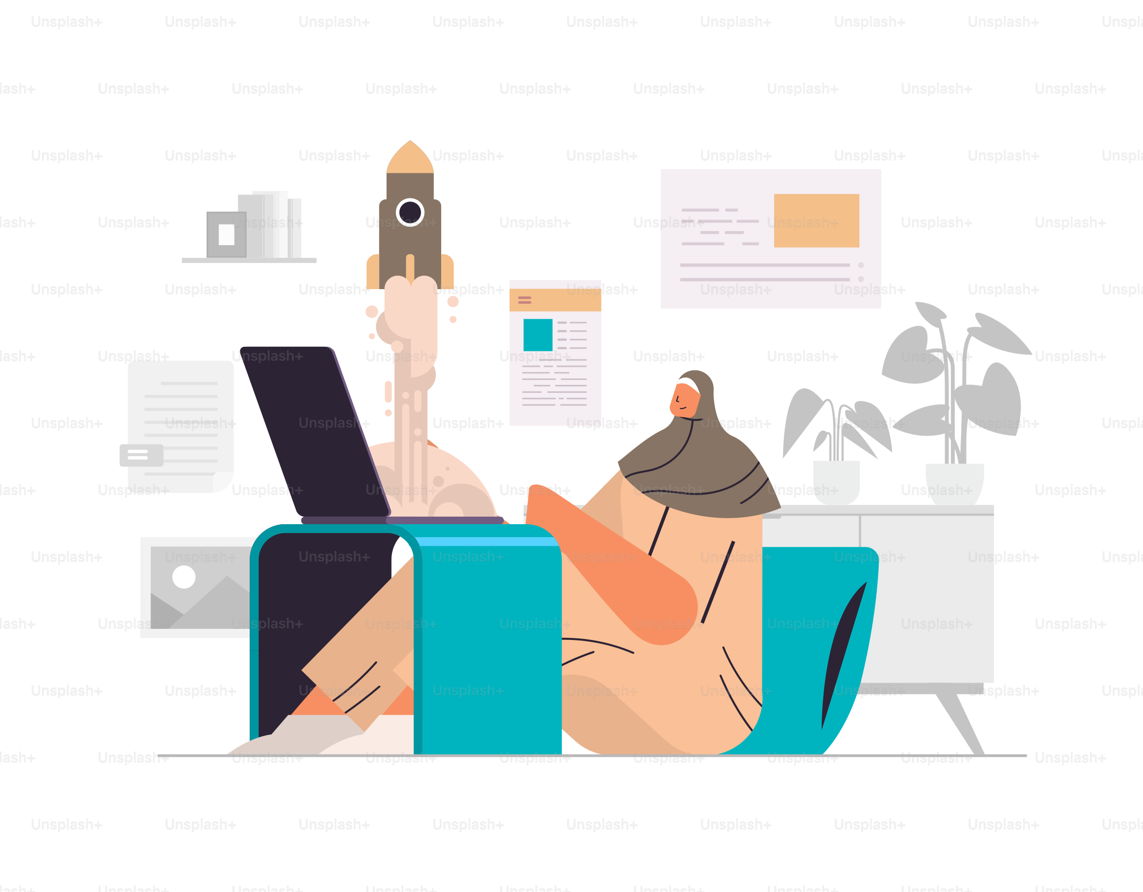 arab businesswoman launching rocket from laptop creative project company development startup business concept horizontal full length vector illustration
