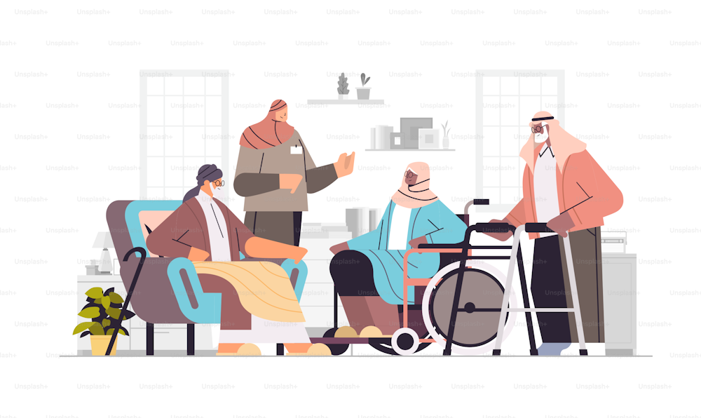 friendly arab nurse or volunteer supporting aged arabic people home care services healthcare horizontal full length vector illustration