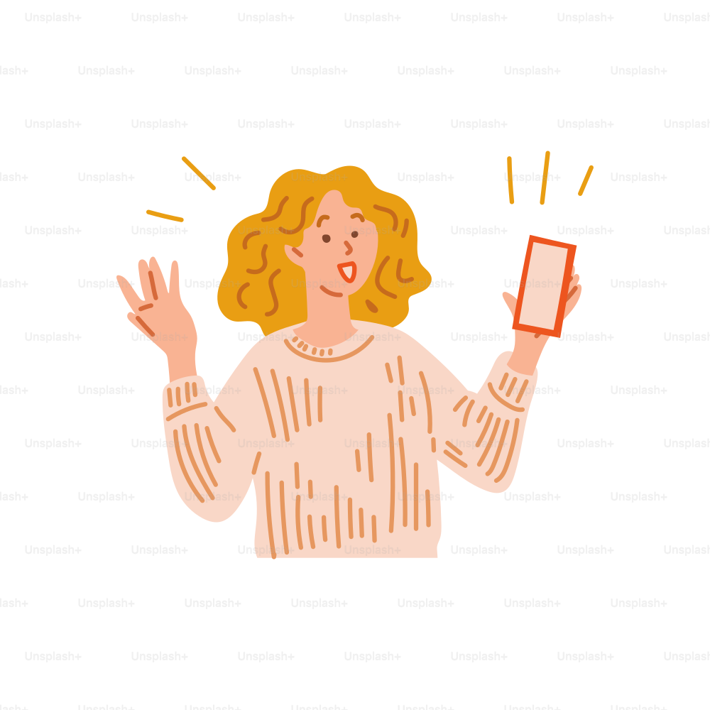Woman excited about phone notification, flat vector illustration isolated on white background. Happy and surprised character. Shock, amaze and astonishment face expression.