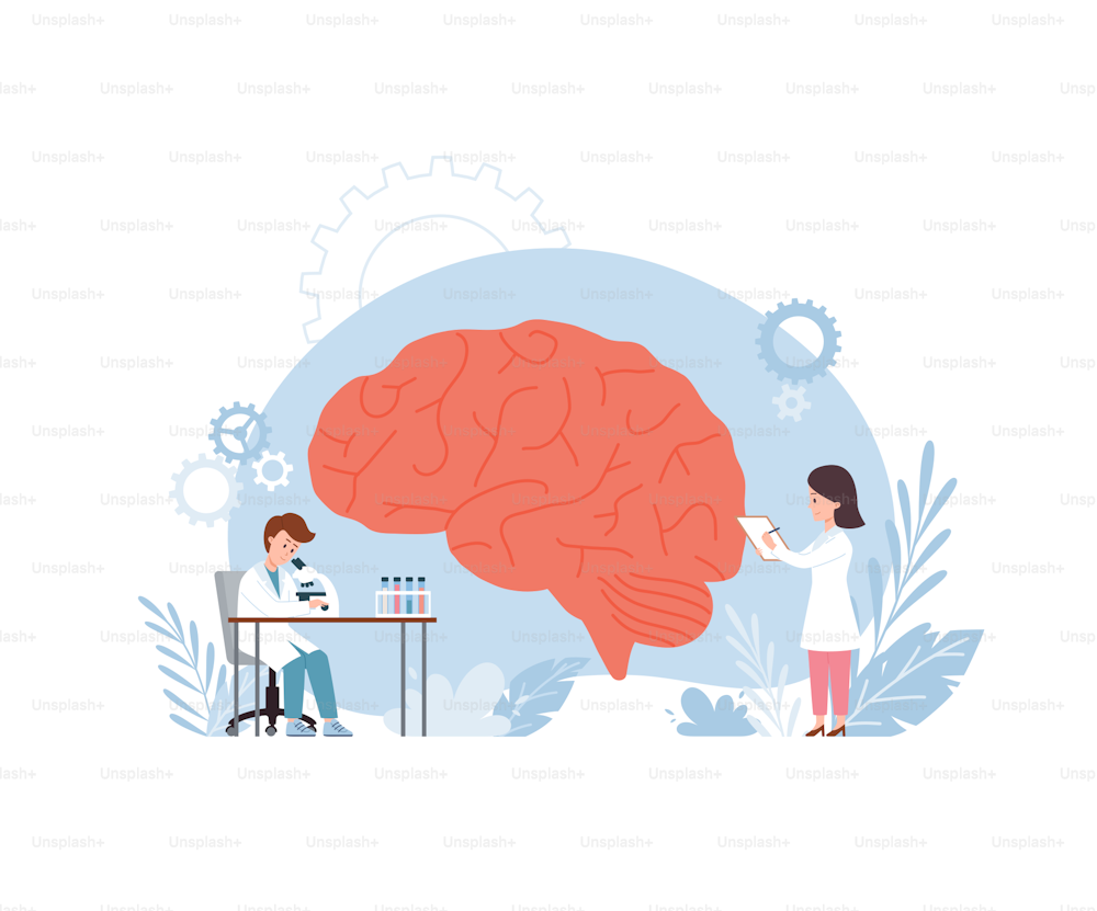 Tiny people in lab clothes exploring huge human brain flat style, vector illustration isolated on white background. Brain science concept, gears, laboratory equipment